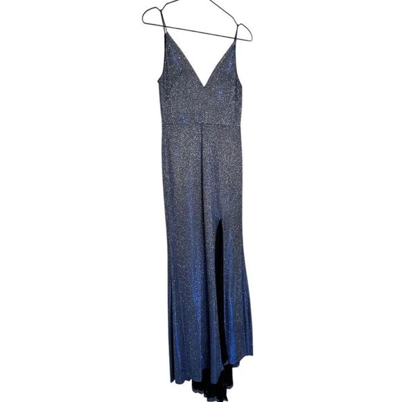 Dear Moon Blue Glitter Evening Gown Size 3 – Slit Hem, Spaghetti Straps, V-Neck - Picture 3 of 10
